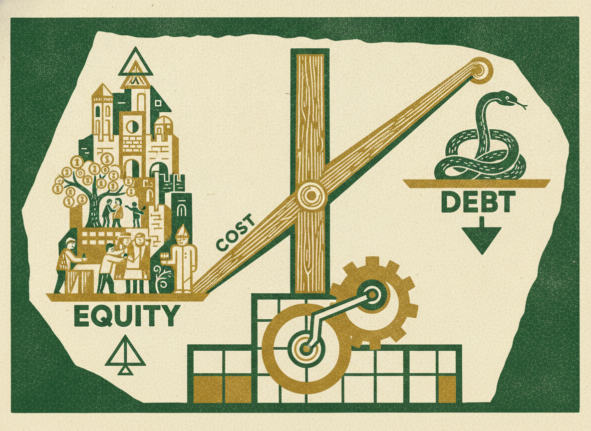 Woodcut illustration representing why equity is more expensive than debt.