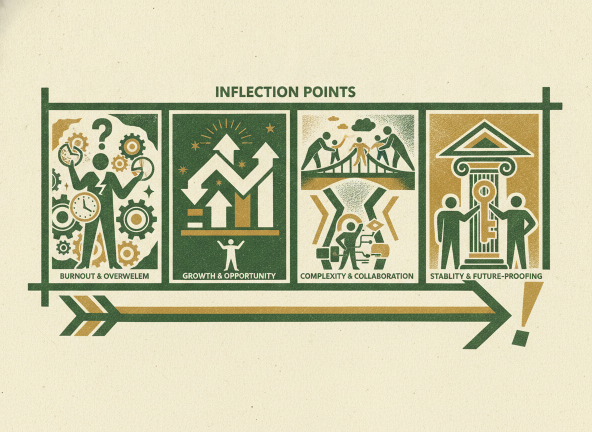 Woodcut illustration representing four inflection points that justify the full-time hire.