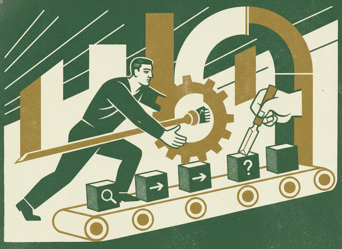 Woodcut illustration representing running the analysis: one variable at a time.