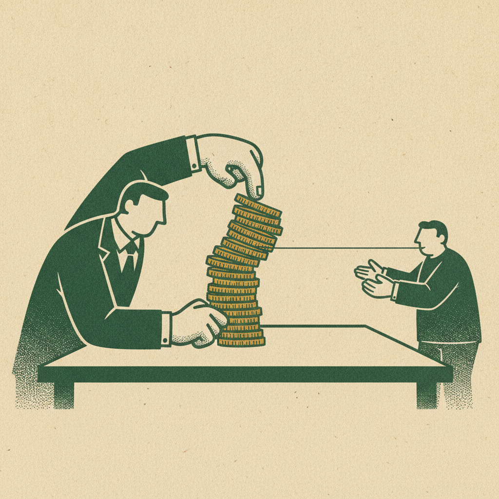 A buyer pressing down a tall wobbling coin tower connected by one thin thread to a distant customer, showing an investor discounting concentrated revenue for its fragility.