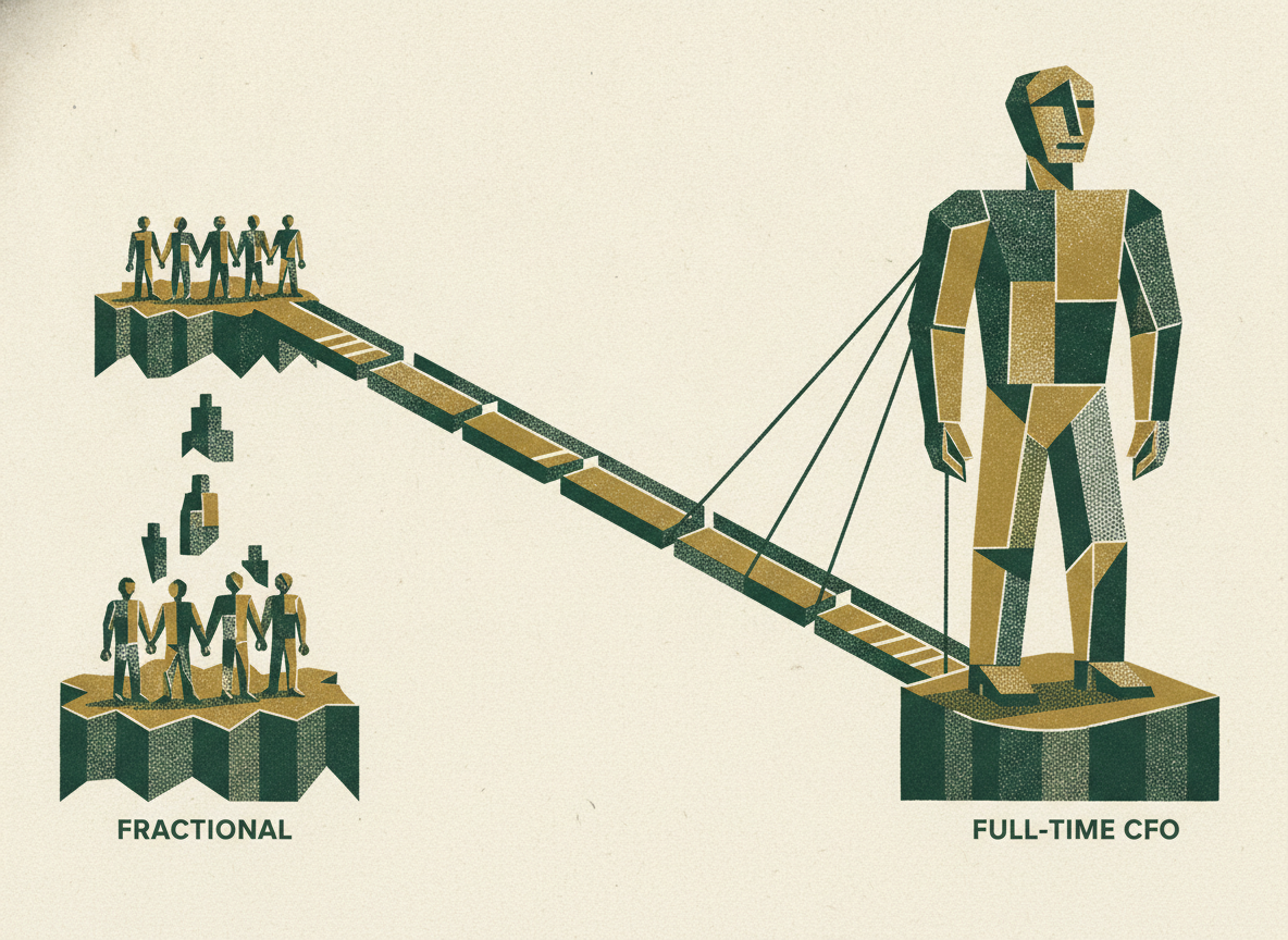 Woodcut illustration representing the fractional bridge to a full-time cfo.