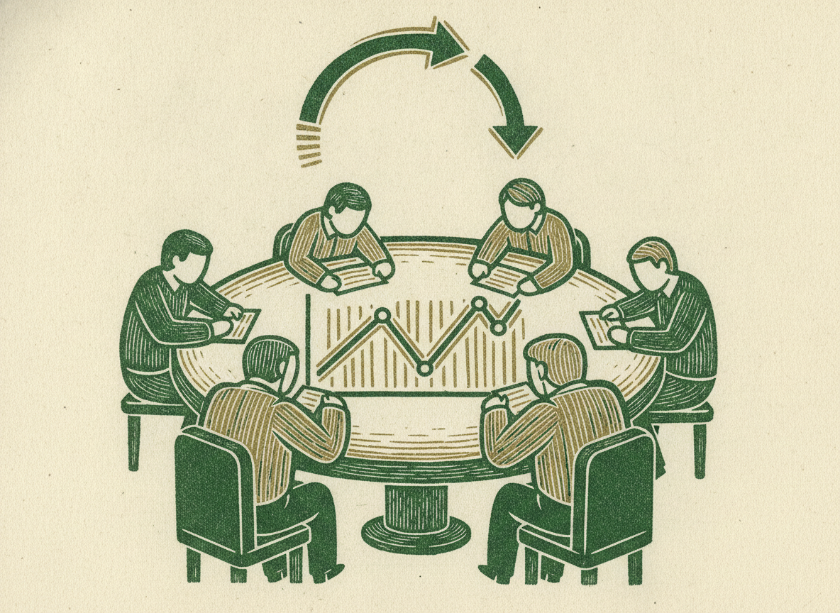 Woodcut of a team reviewing a trend chart around a round table beneath a looping cycle arrow.