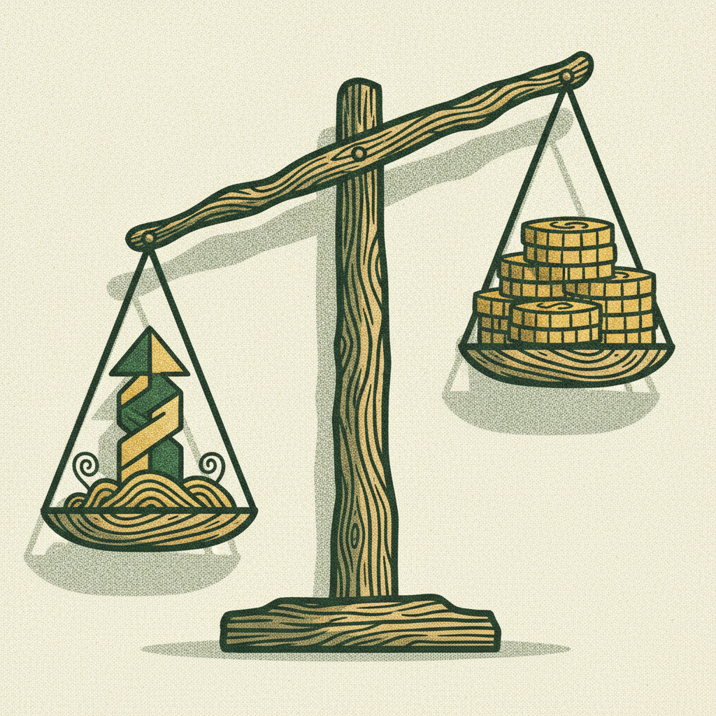 A woodcut balance scale weighing a rising growth arrow against a solid stack of coins, symbolizing efficient growth.