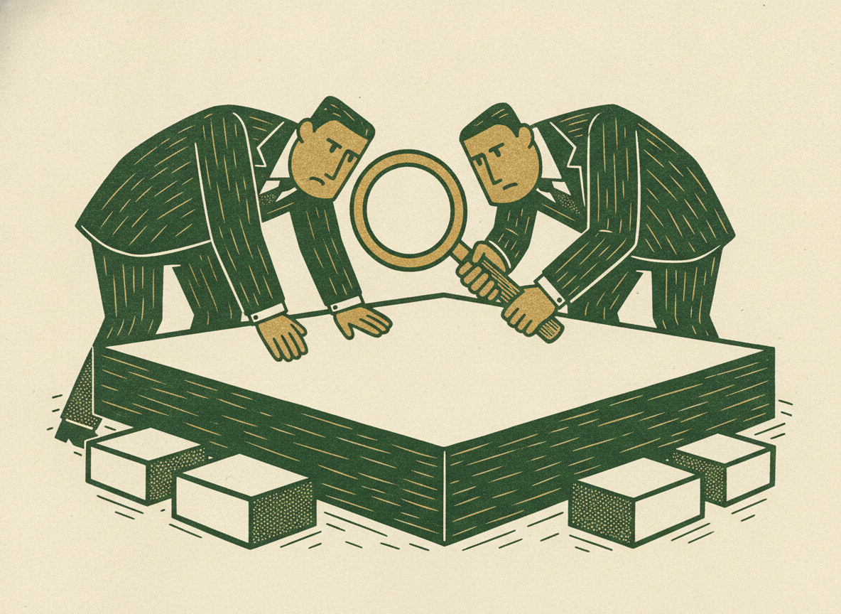 Two accountants inspecting a solid clean foundation with a magnifier, showing margin quality surviving a quality of earnings review.