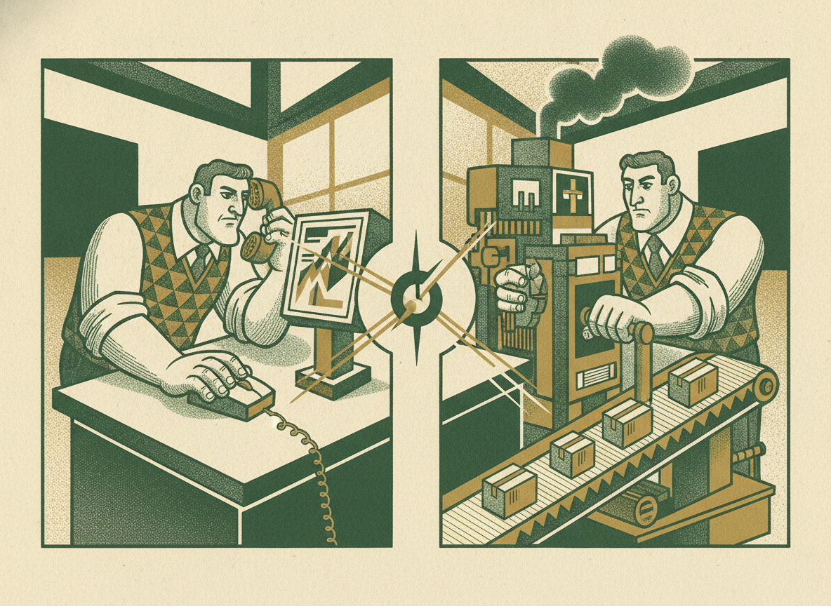 A dedicated finance operator at a desk quarterbacking a deal on one side while the owner keeps the business machine running on the other, two workstreams moving in parallel.