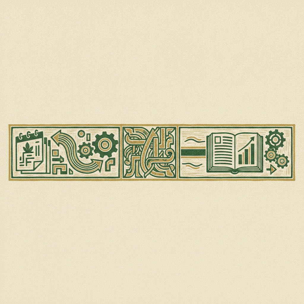 A carved frieze of forecasting icons including calendars, a forward arrow, meshing gears and an open ledger representing continuous financial planning.