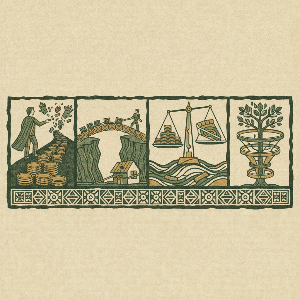 A wide frieze of a founder choosing debt or equity, a coin bridge, a balance scale over a river, and a growing tree.