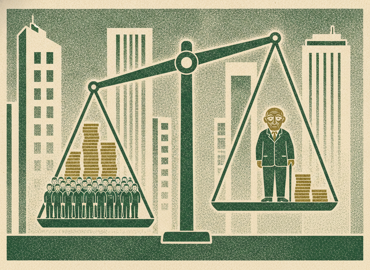 A balance scale weighing a large crowd and a tall stack of coins against a single senior figure with a small stack.
