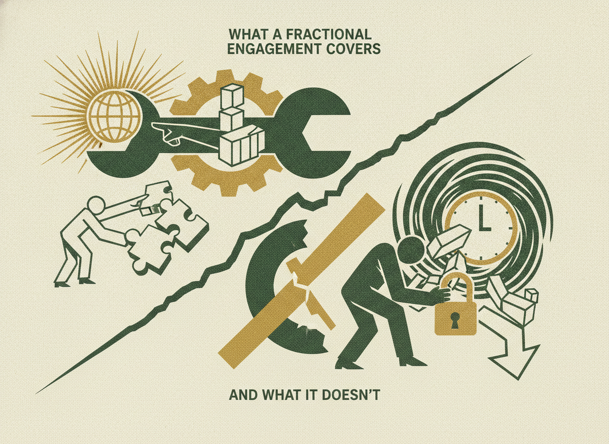 Woodcut illustration representing what a fractional engagement covers   and what it doesn't.