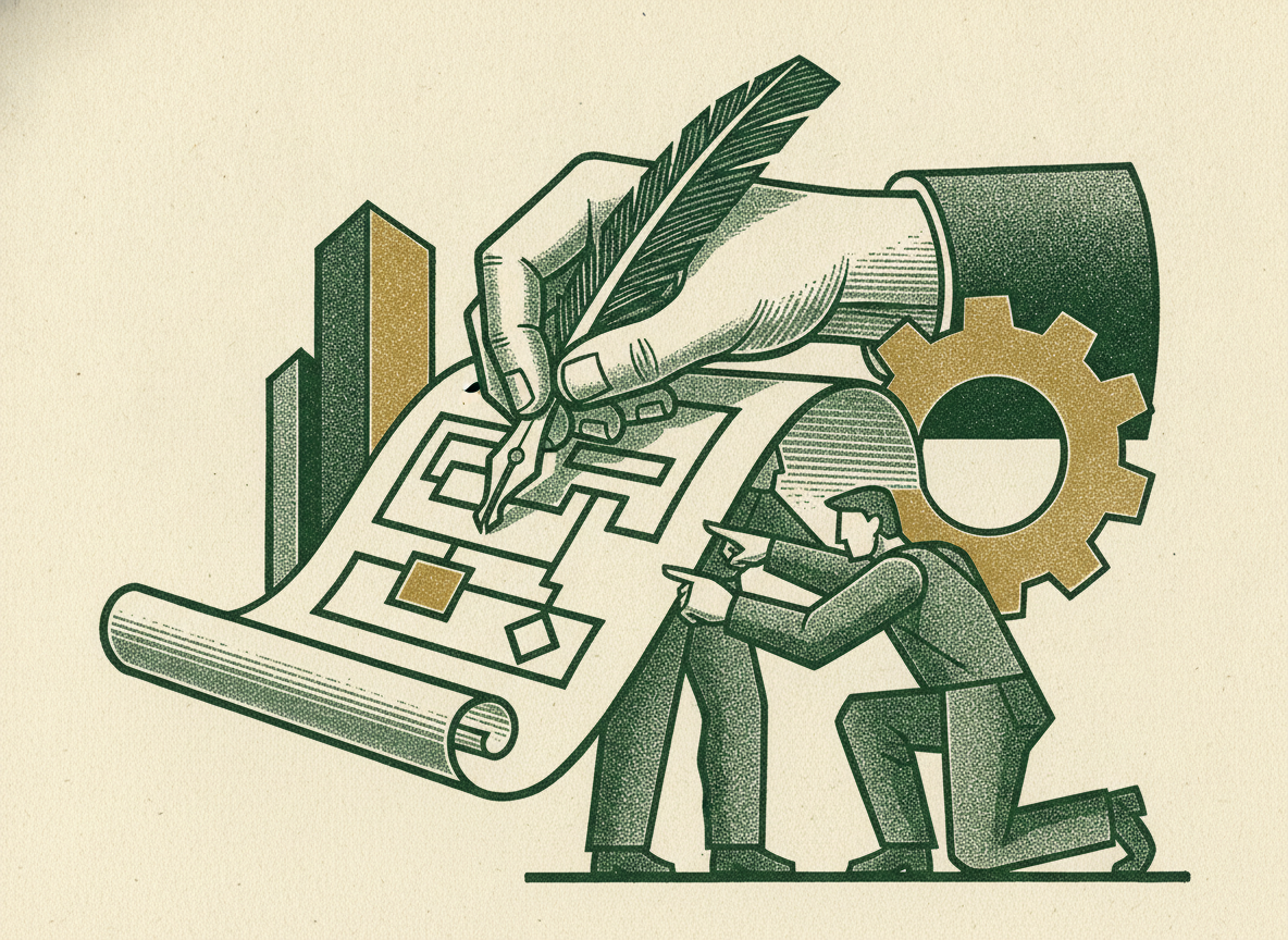 Woodcut illustration representing writing the job description that works.