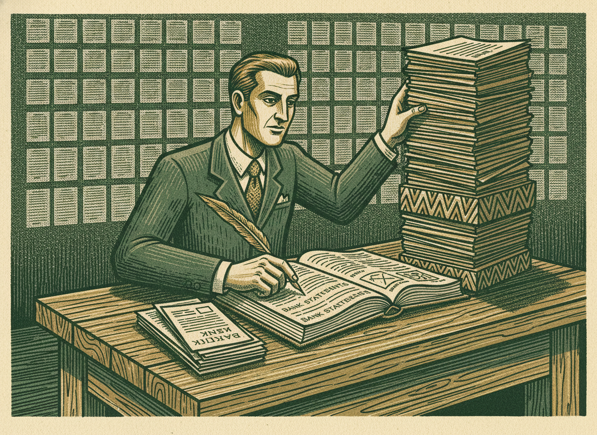 Woodcut of a prepared founder organizing an evidence binder and reconciling ledgers