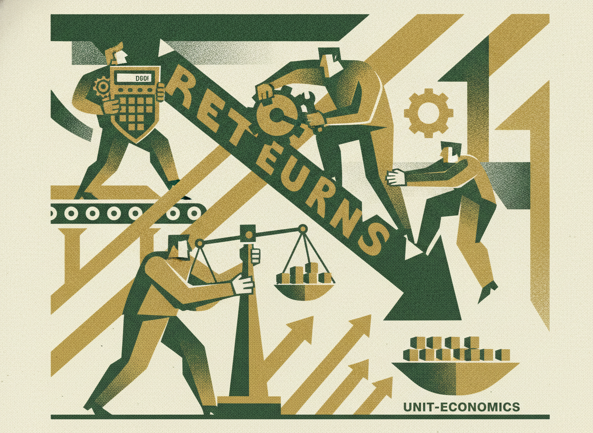 Woodcut illustration representing managing returns as a unit-economics problem.