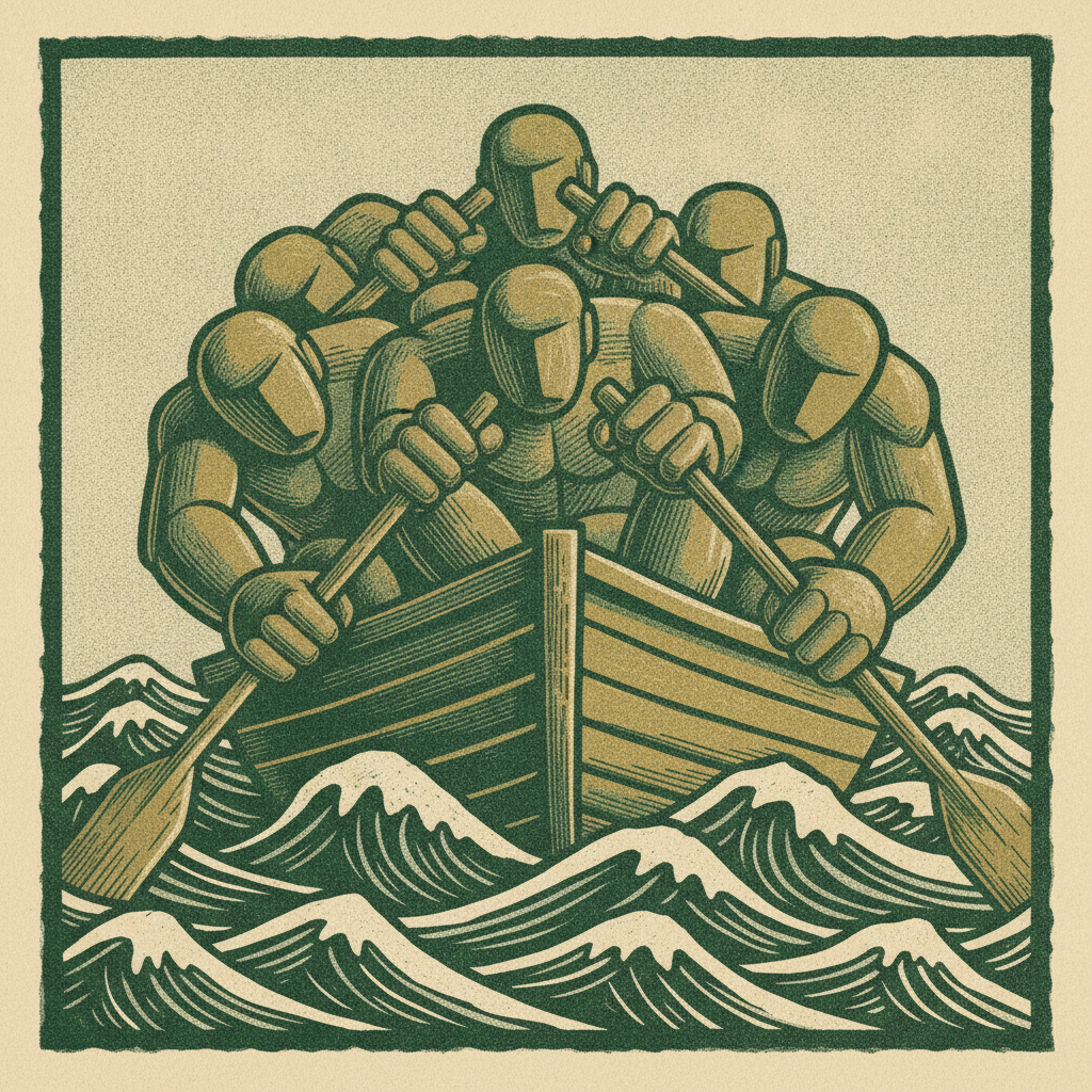 Many hands steadying a small boat through choppy waves, showing equity partners sharing the risk and downside.