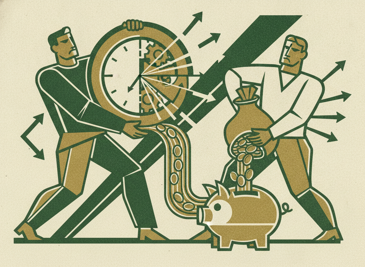 Woodcut illustration representing the time and cost savings.