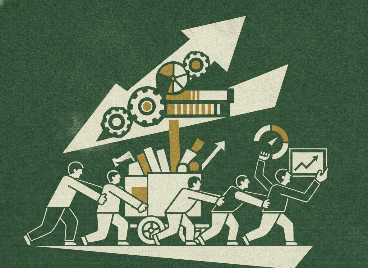 Woodcut illustration representing traction and product metrics.