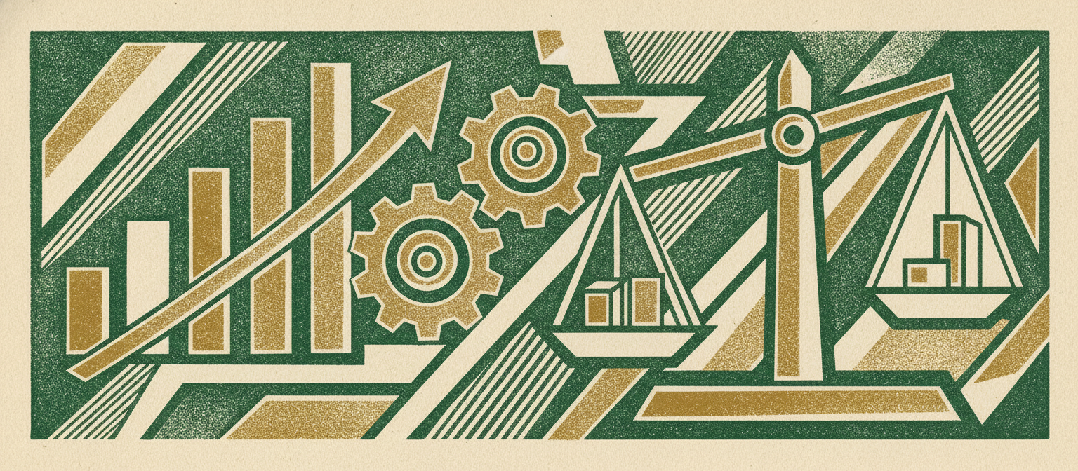 Wide woodcut finance frieze section divider.