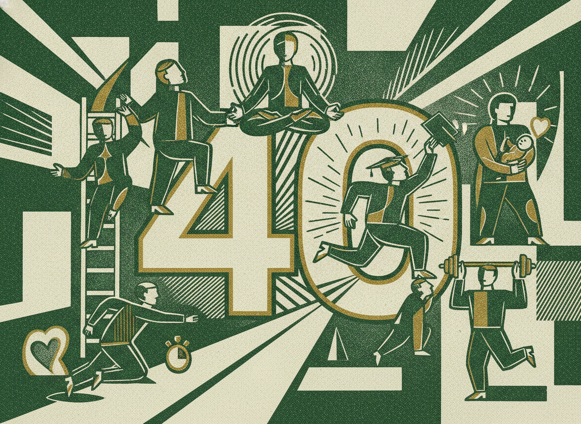 Woodcut illustration representing the many ways to hit 40.