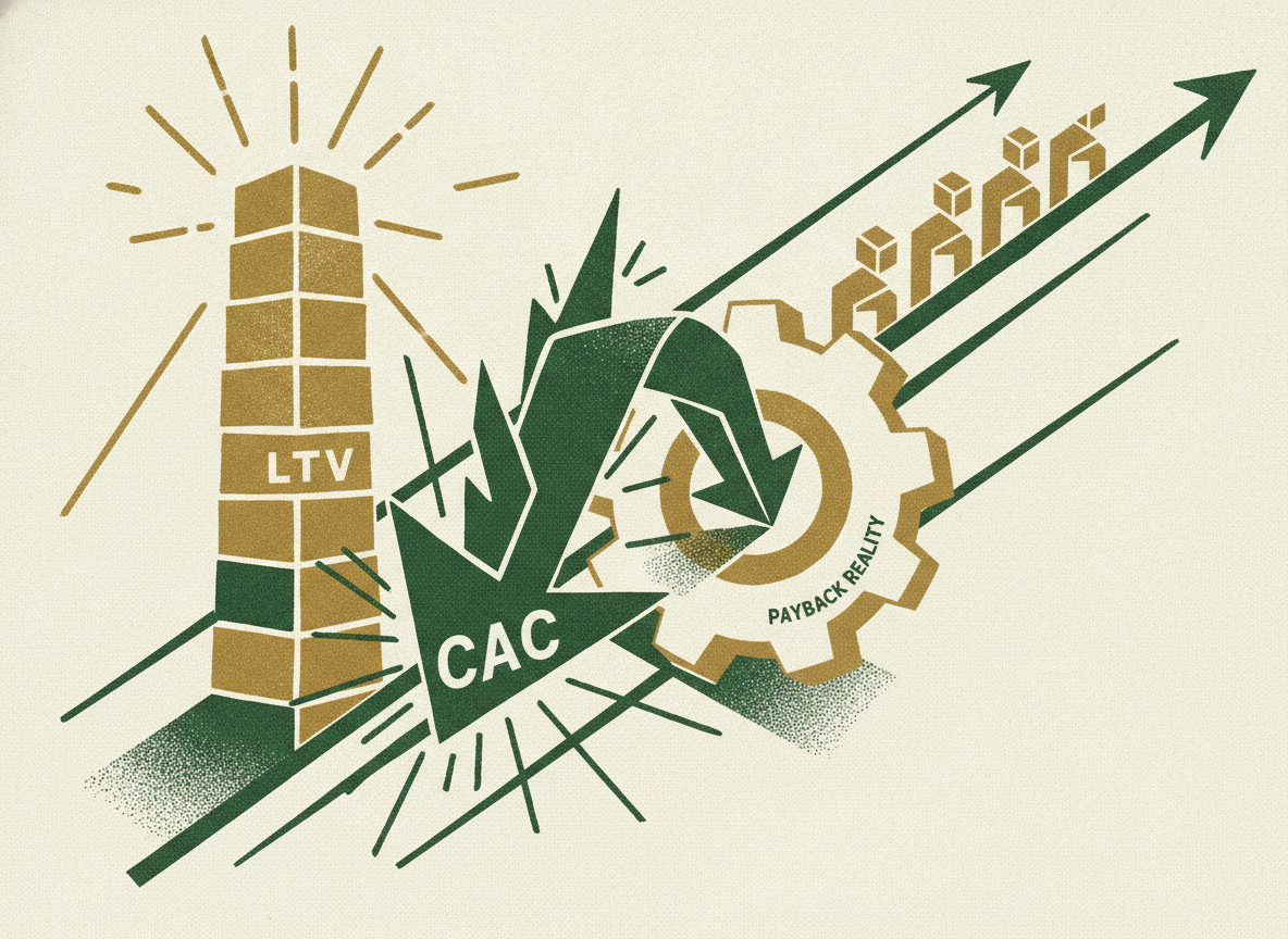 Woodcut illustration representing ltv, cac, and the payback reality.