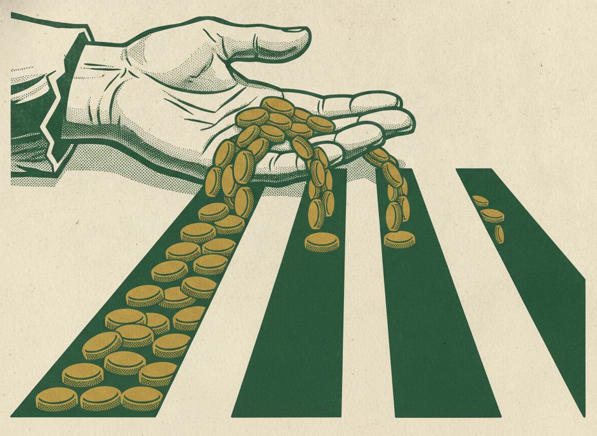 A hand directing streams of capital into competing channels, illustrating capital allocation.