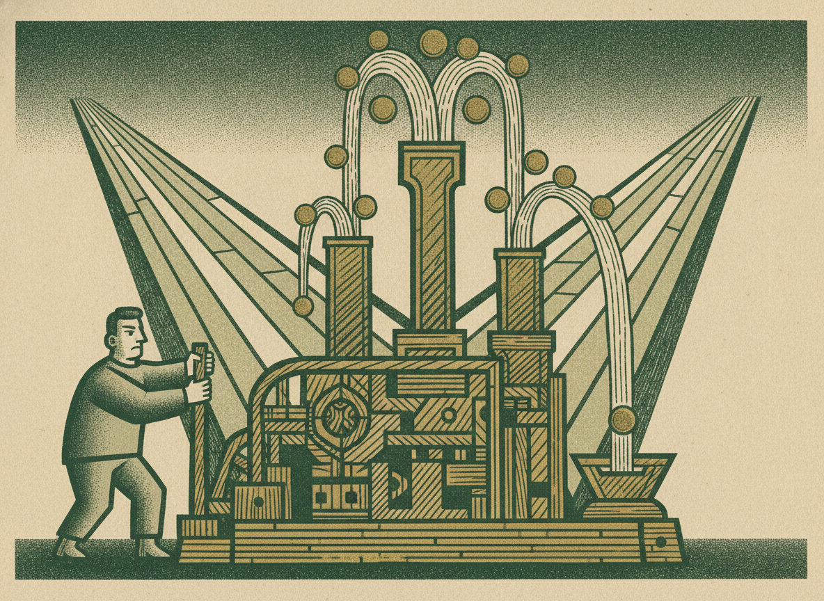 A founder pulling a lever that raises three coin fountains of different heights beside a forking path, showing scenario testing to decide.