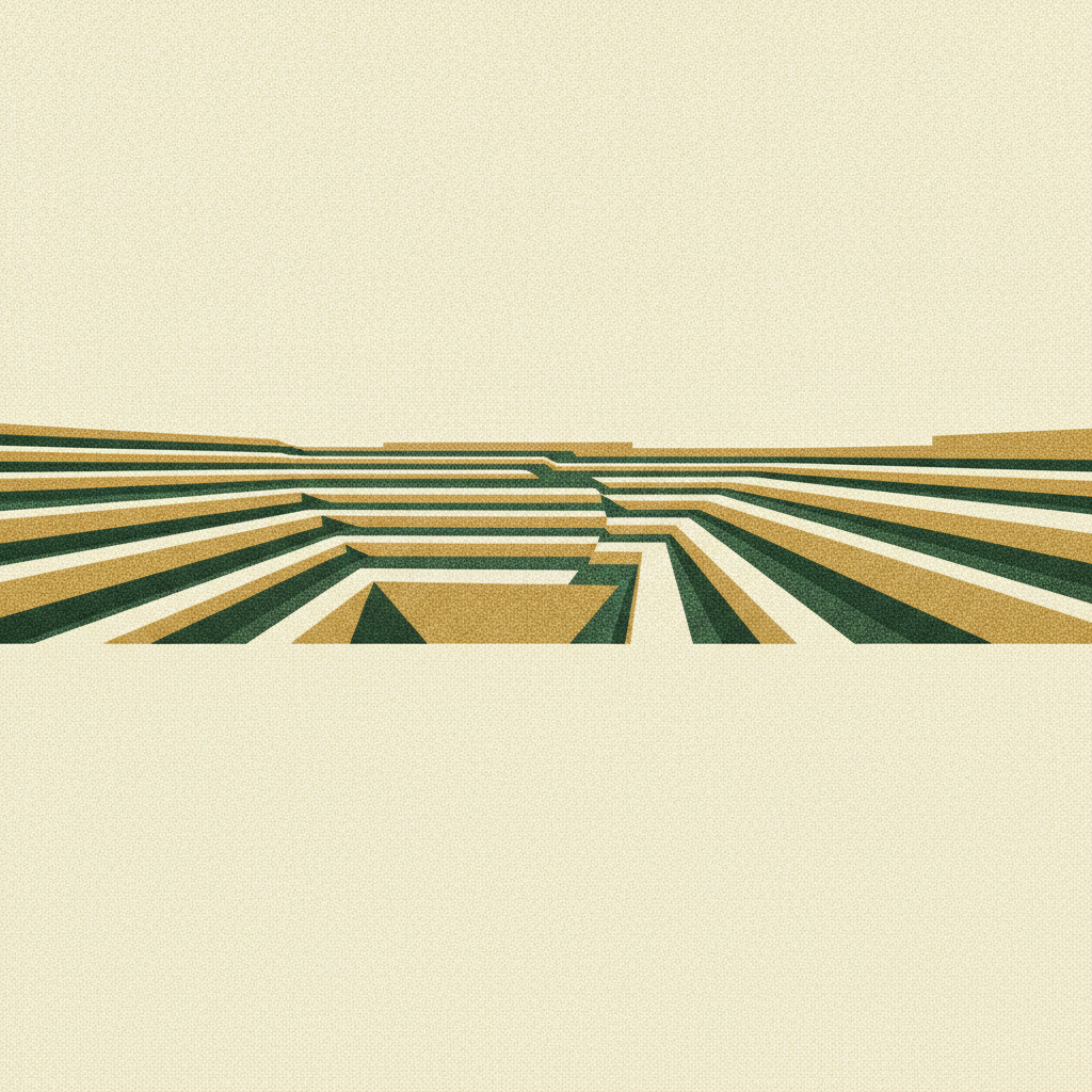 A wide panoramic woodcut horizon of ascending, widening bands marking a section break on margin expansion.