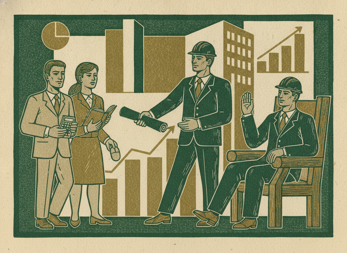 An architect handing a finished blueprint to a small new team and stepping back into an advisory chair.