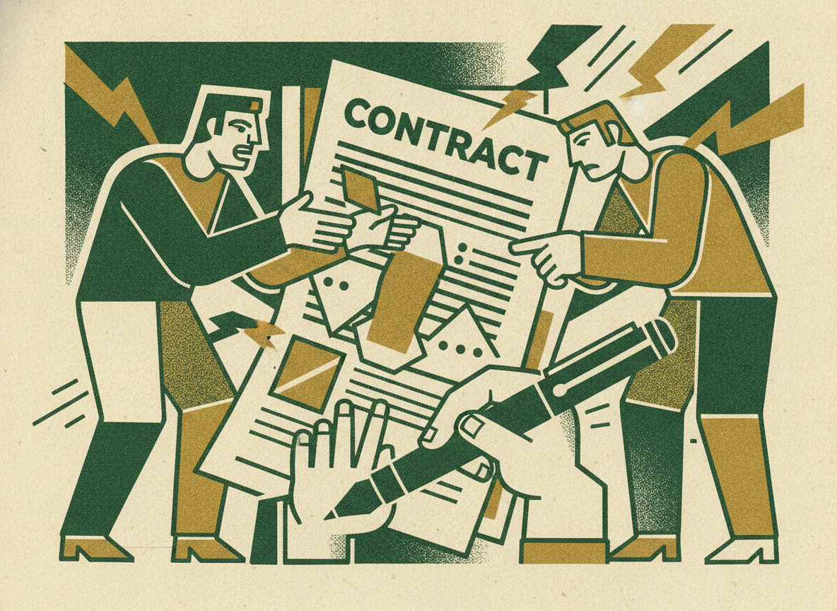 Woodcut illustration representing negotiating contracts before you sign.