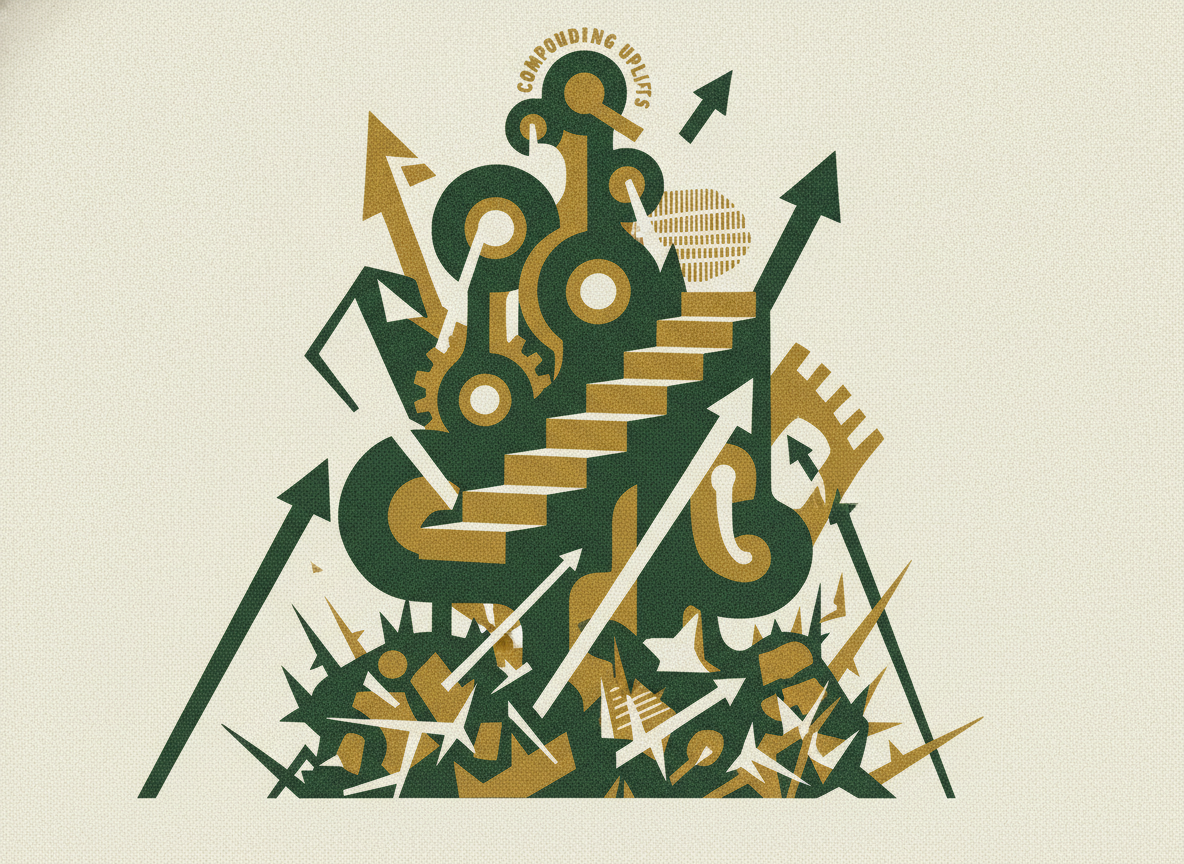 Woodcut illustration representing compounding uplifts and hidden fees.