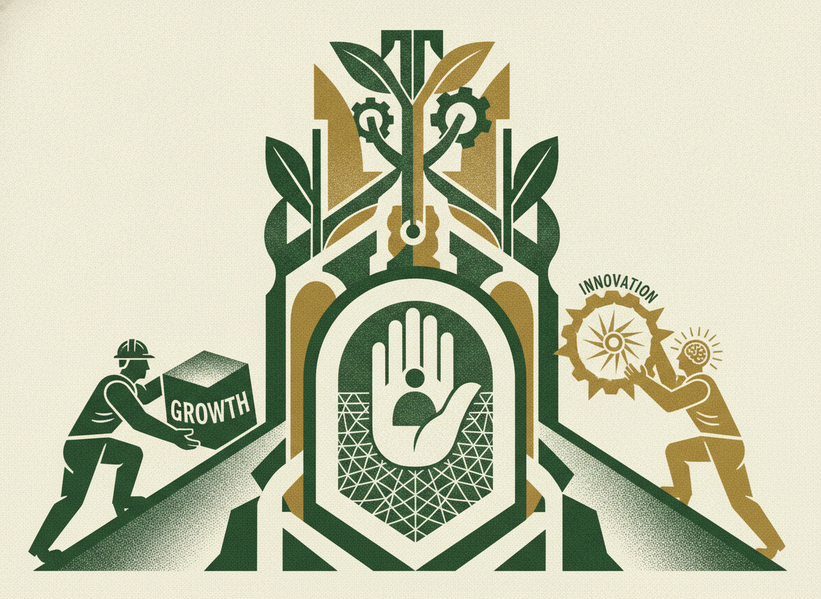 Woodcut illustration representing frameworks for balancing growth, innovation, and safety.