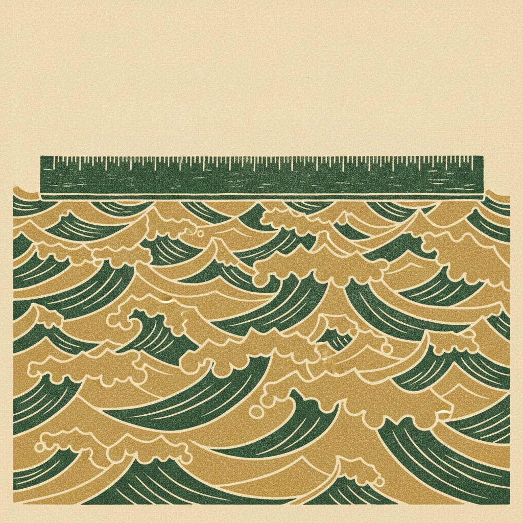 Woodcut of a straight confident ruler above a churning sea of choppy waves it ignores, showing how the simple runway formula misleads in a volatile market.