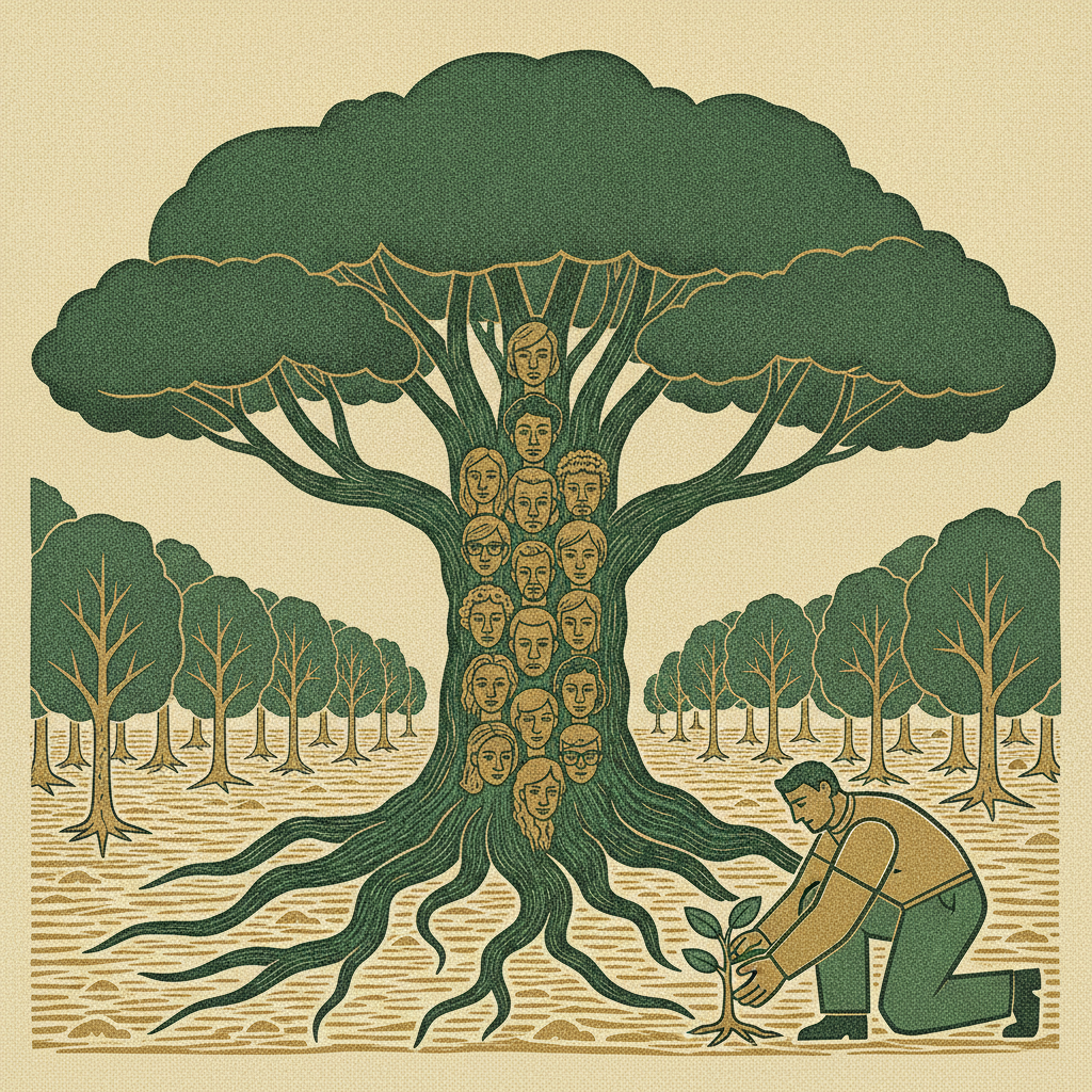 A founder planting many new saplings in a widening field around one giant customer tree, showing diversifying the base without shrinking the whale.