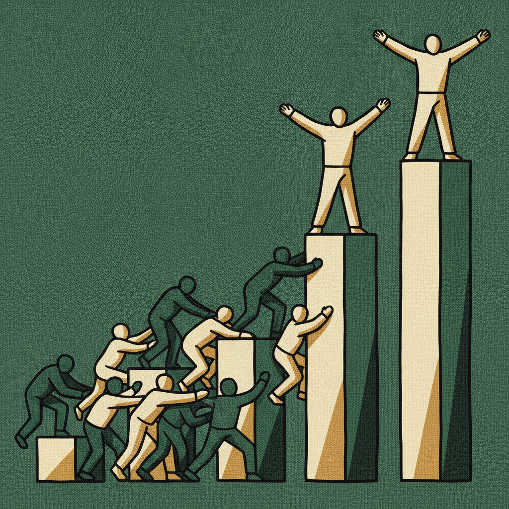 Stylized figures climbing a bar chart where only a few reach the tallest, widest bar, representing companies clearing the Rule of 40.