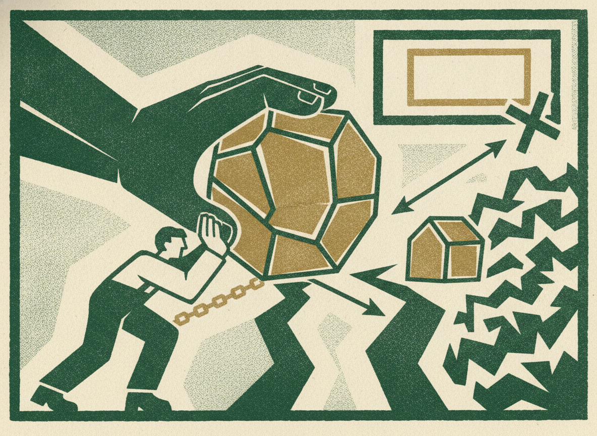 Woodcut illustration representing insurance is risk transfer, not a checkbox.