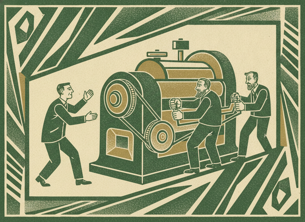 An owner stepping back from a running machine as three seasoned operators take the controls, the machine still turning smoothly without the owner's hand.
