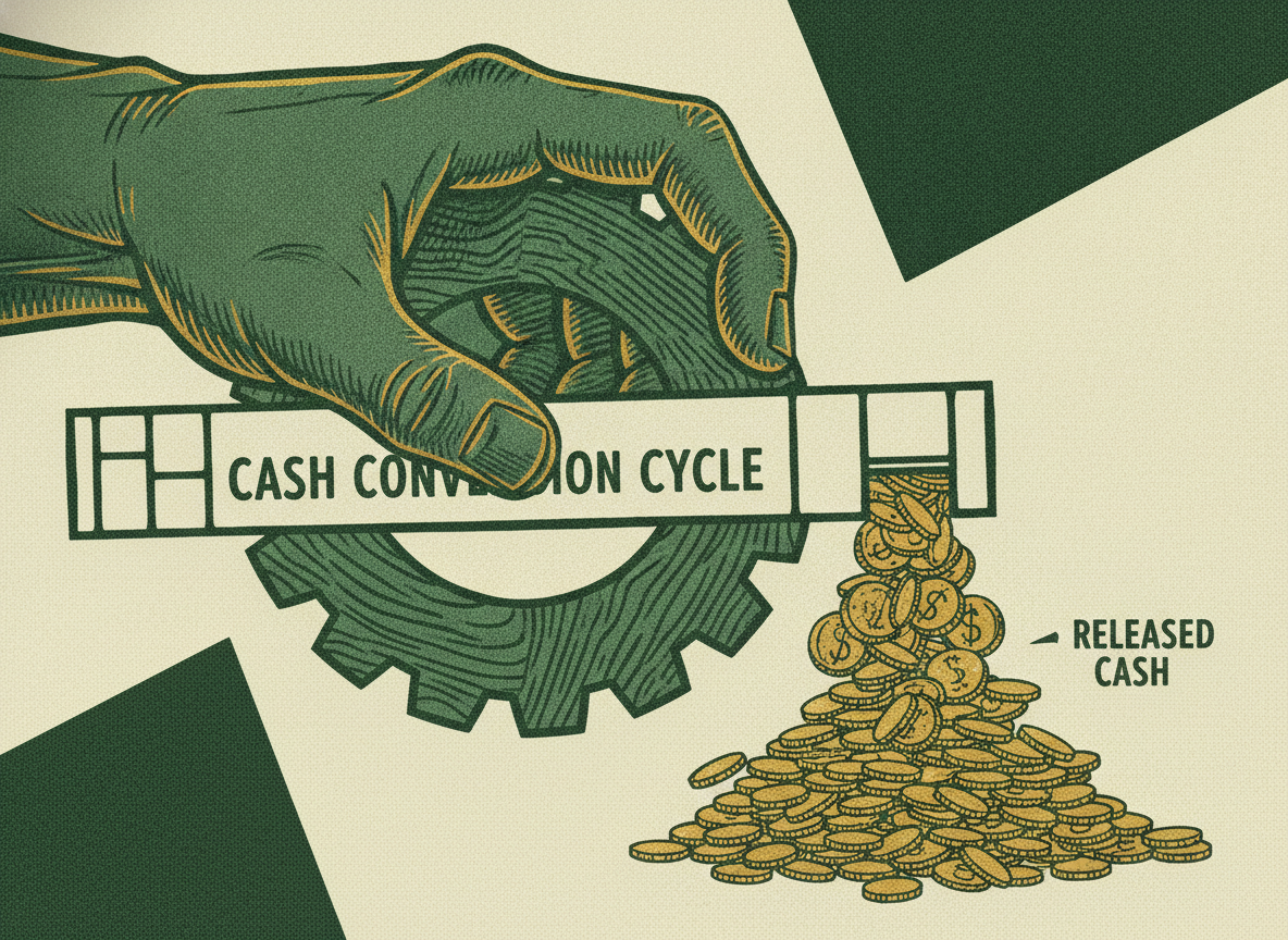 A dial compresses a wide cash-cycle bar into a shorter one as saved days convert into cash.