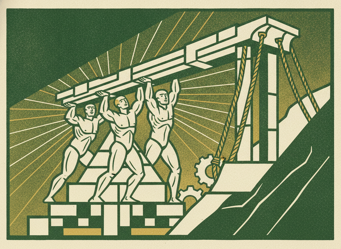 Woodcut illustration representing raising the bridge from strength.
