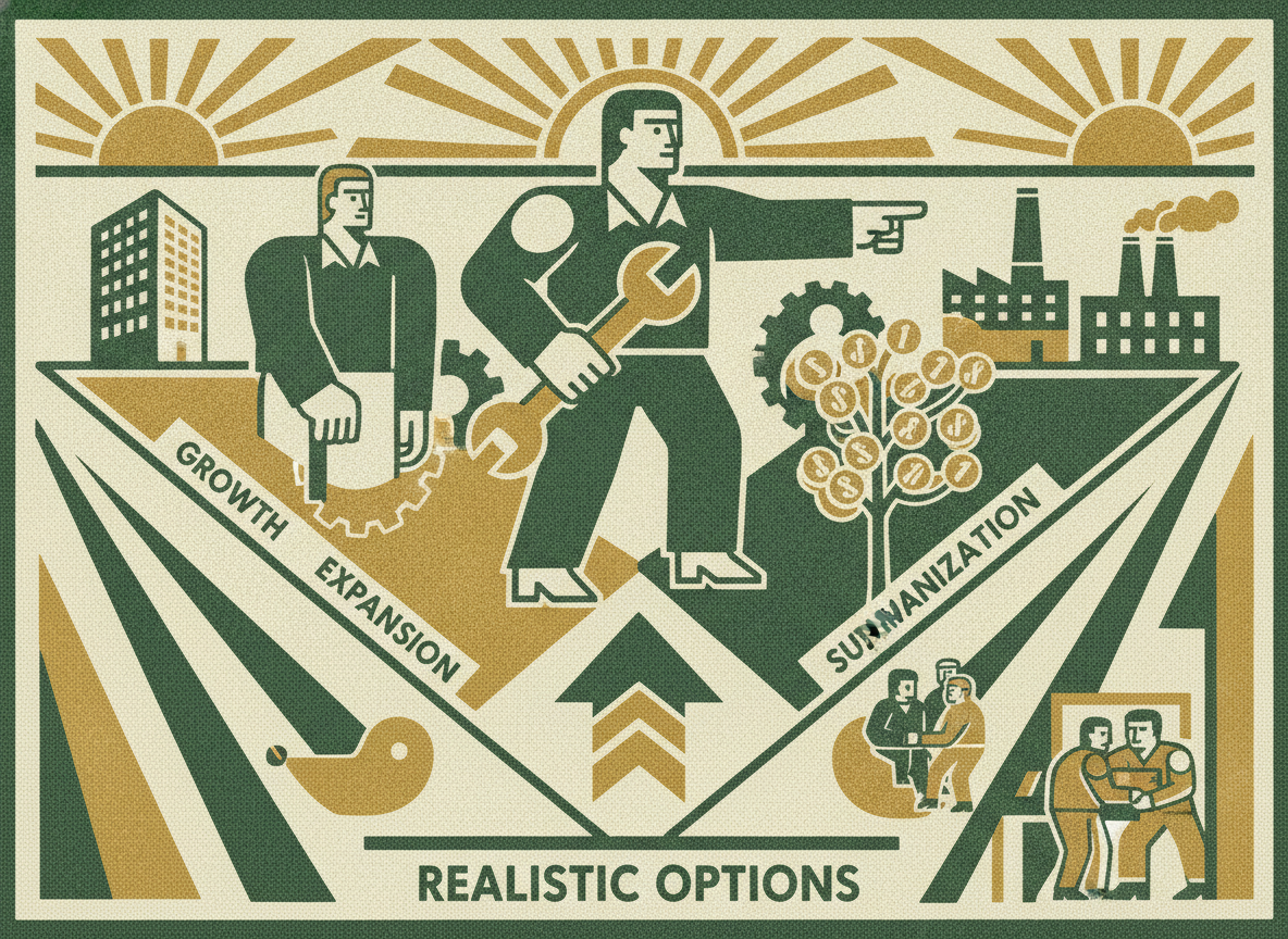 Woodcut illustration representing the realistic options for a growing company.