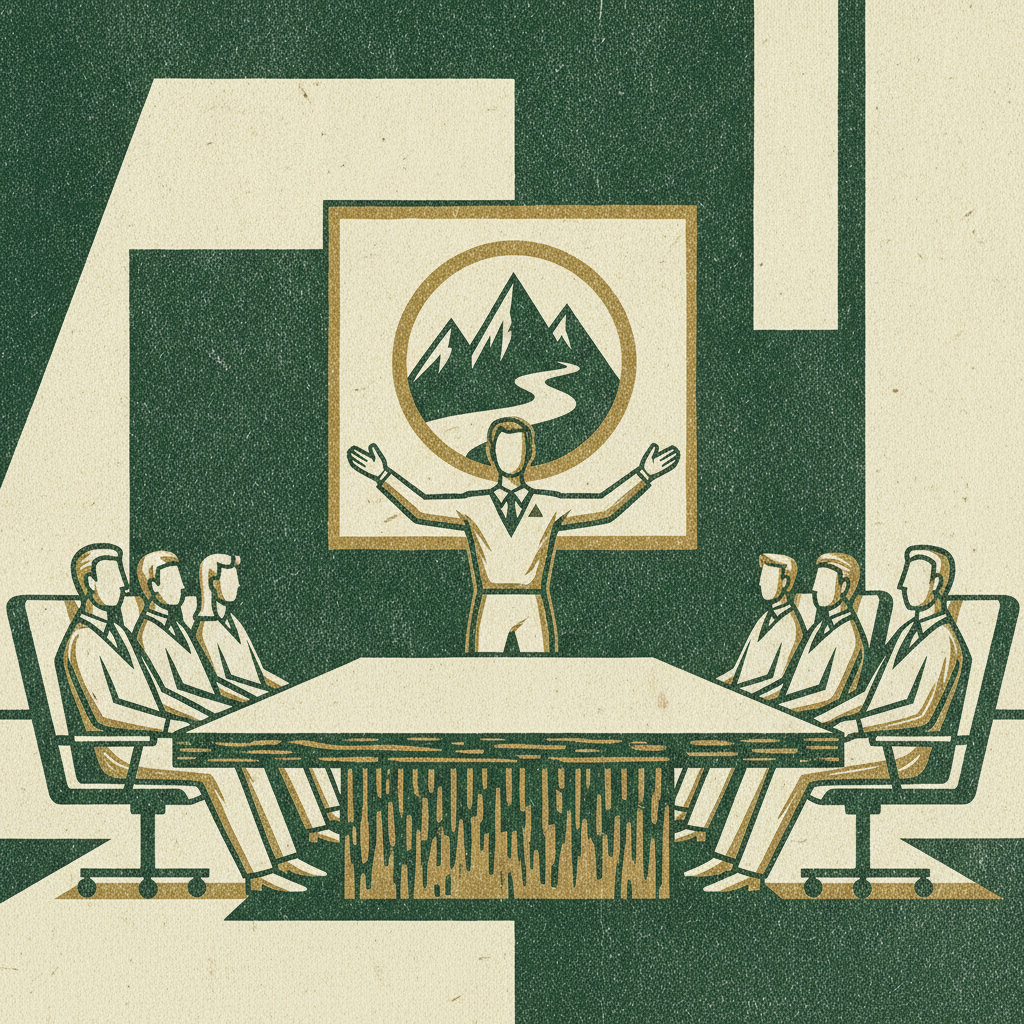 A figure presenting a clear tariff scenario plan to a carved boardroom, turning trade risk into a managed plan.