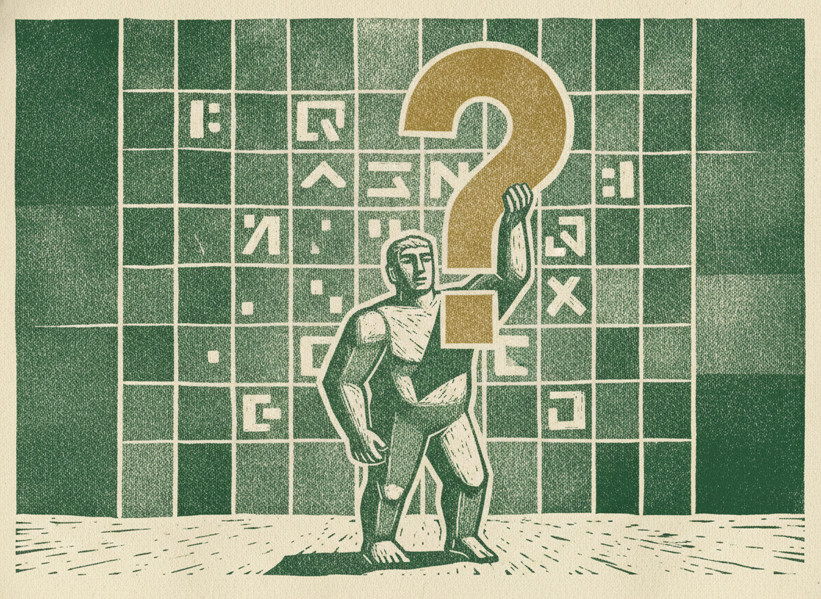 A finance leader holding up a large question mark against a wall of numbers.