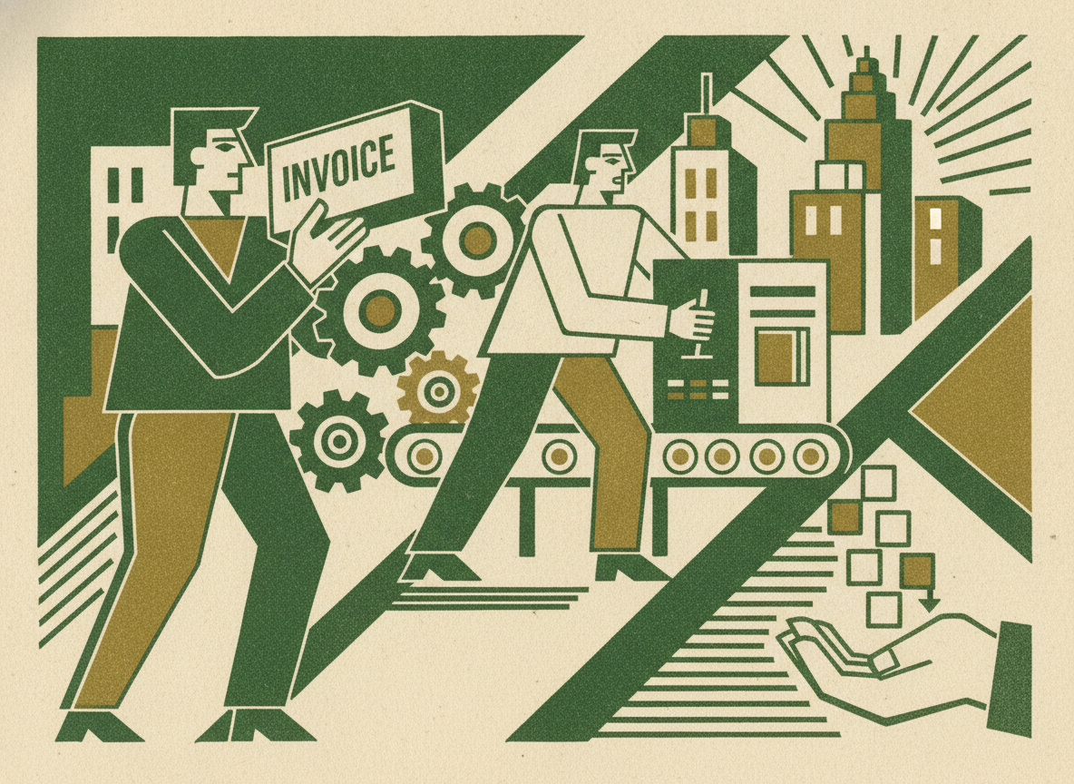 Woodcut illustration representing workflow two: accounts payable and invoice processing.