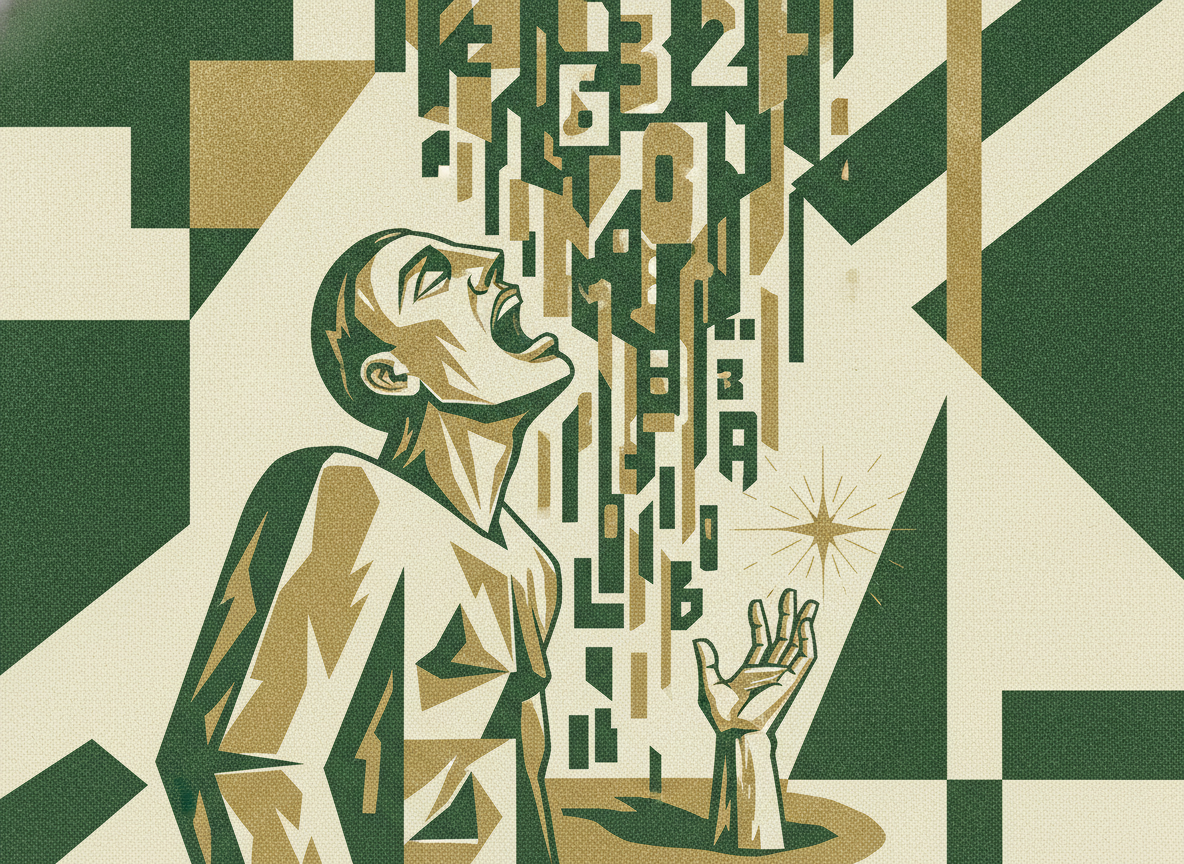 Woodcut illustration representing drowning in numbers, starving for insight.