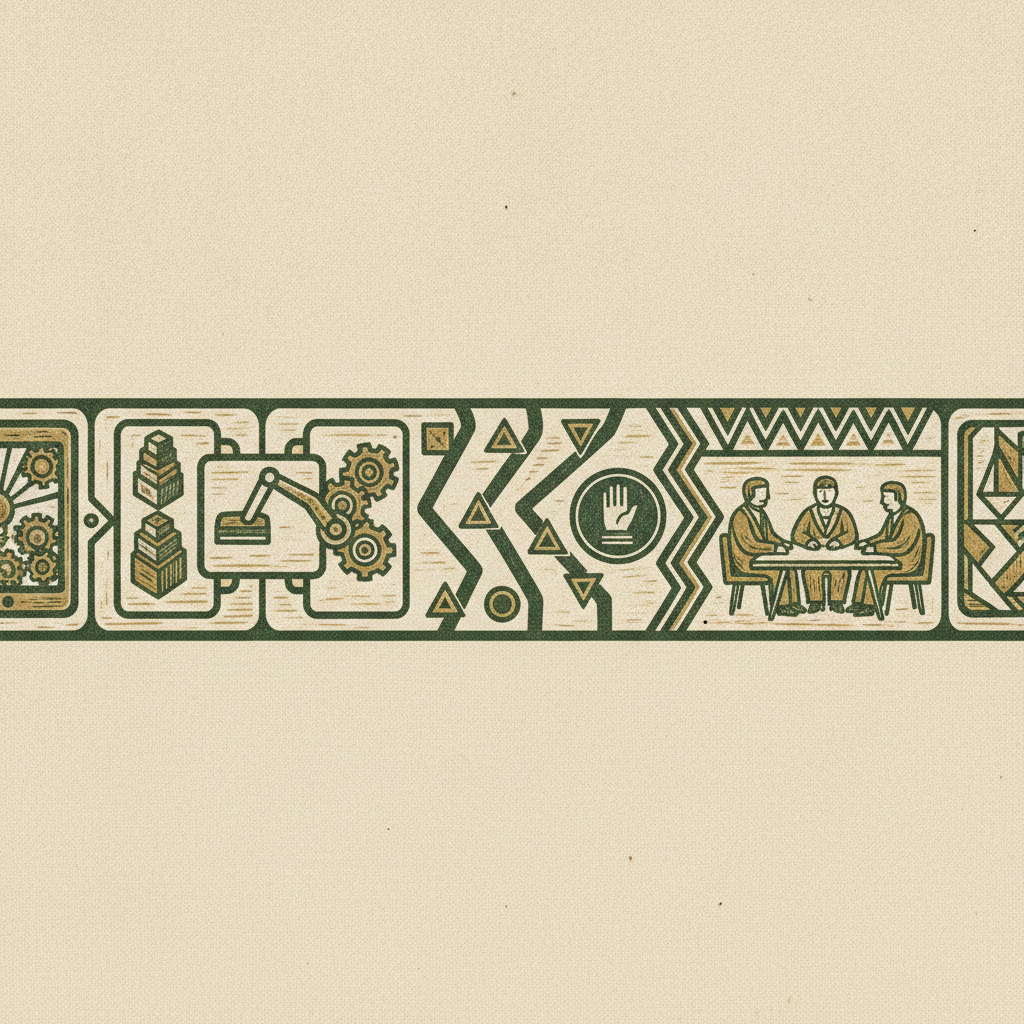 A carved panoramic frieze of a board-ready model from assumptions to linked statements, key drivers, scenario tracks, and a green integrity seal before a calm board.