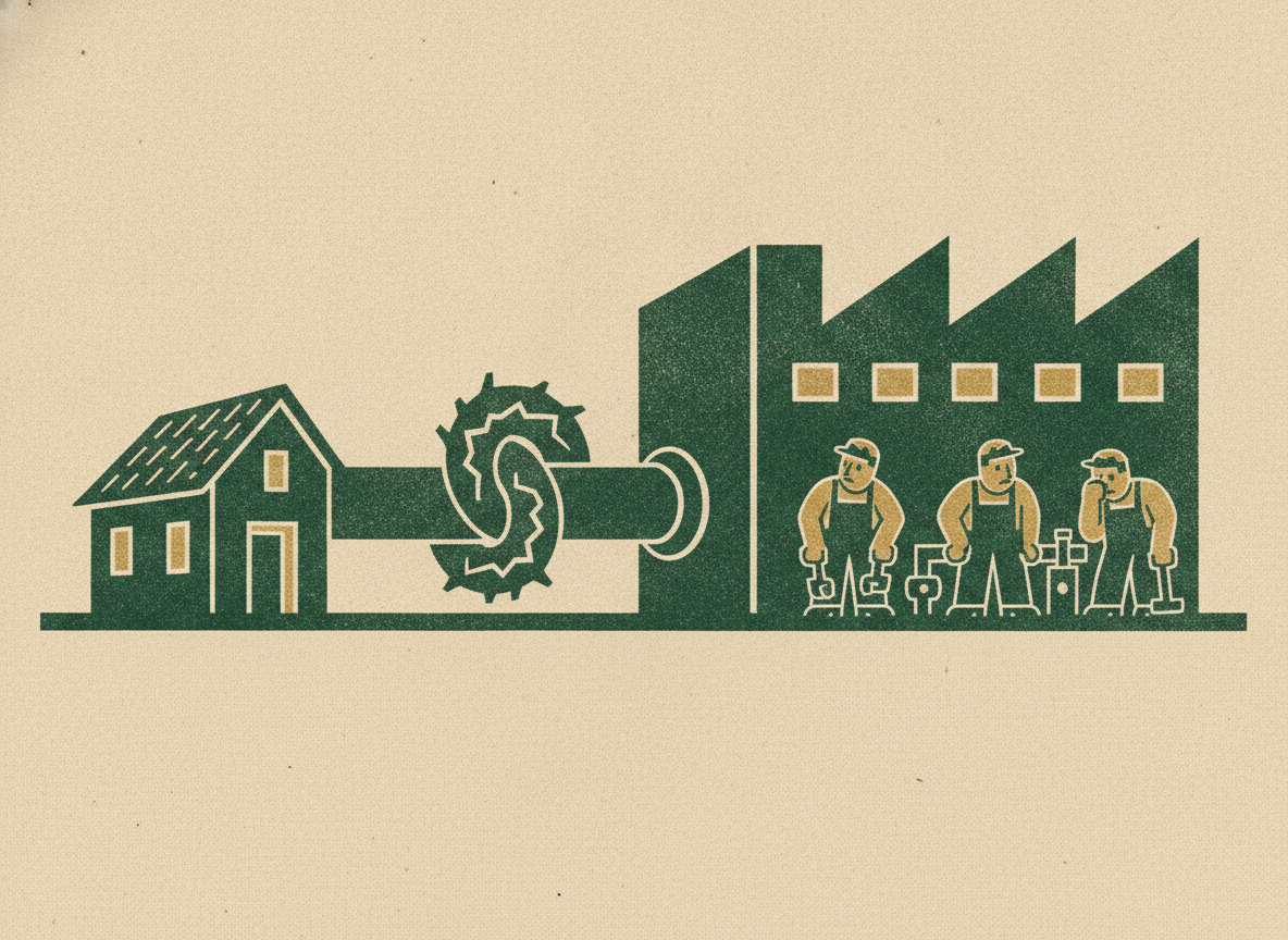 A small vendor workshop connected by one kinked pipe to a factory where workers stand idle, showing total dependence on a single supplier.