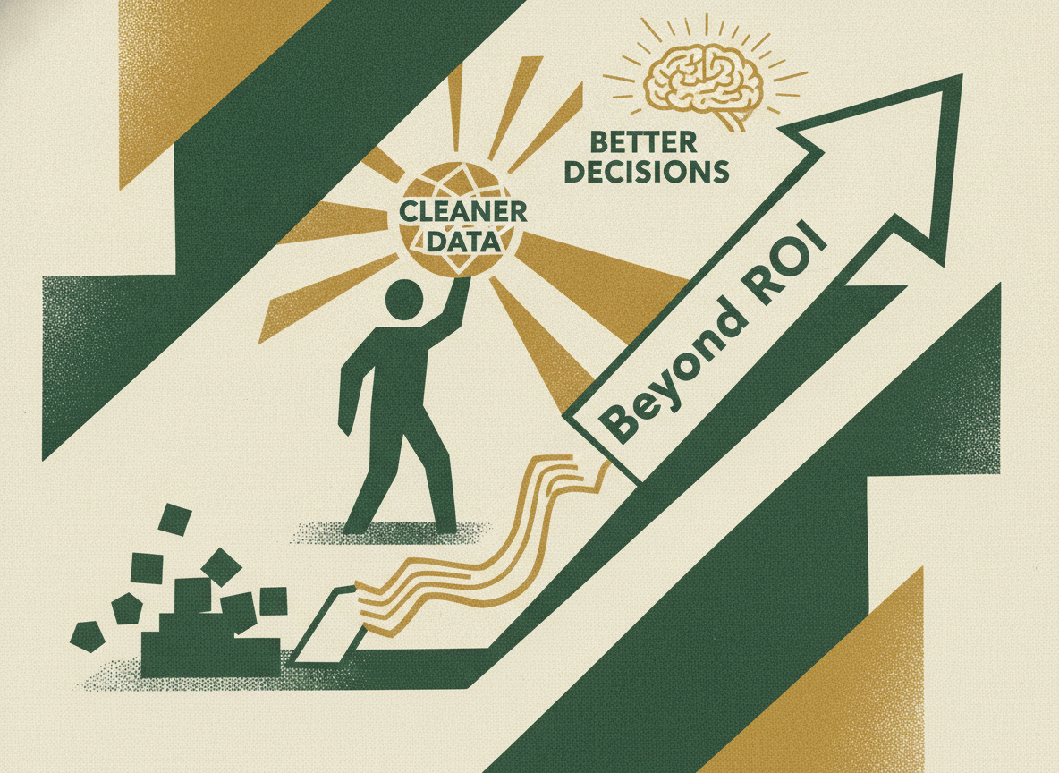 Woodcut illustration representing beyond roi: cleaner data for better decisions.