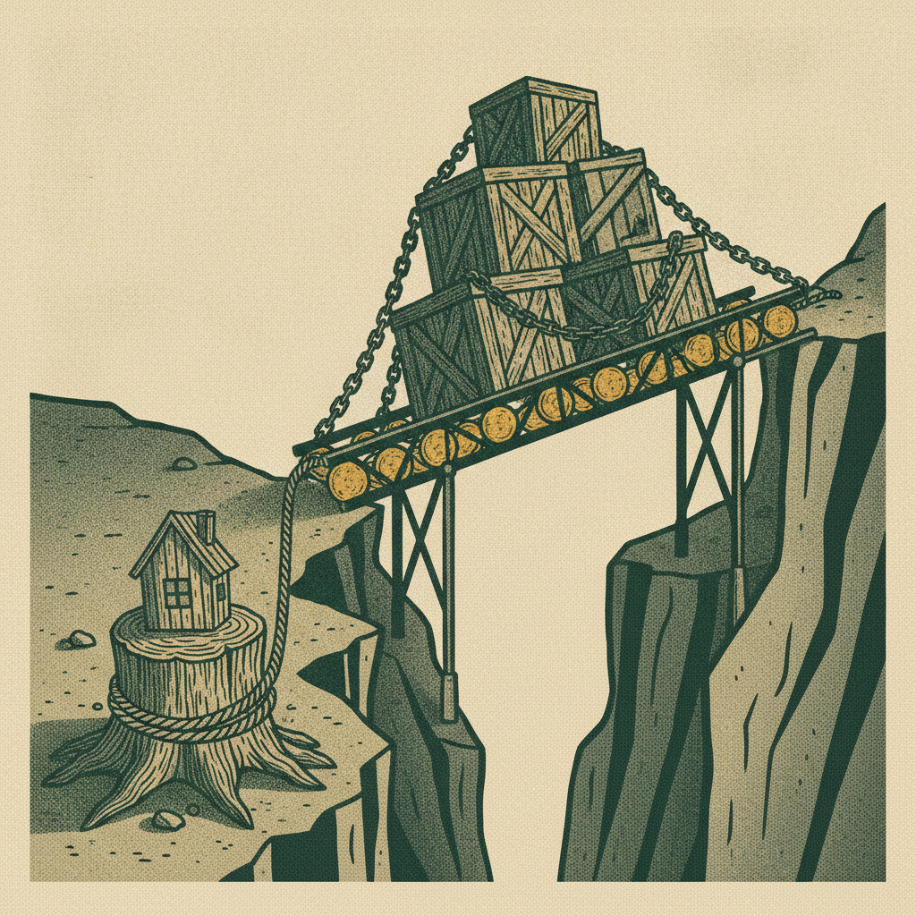 A lean bridge of coins carrying crates across a gap with a small house pledged at the bank as a personal guarantee.