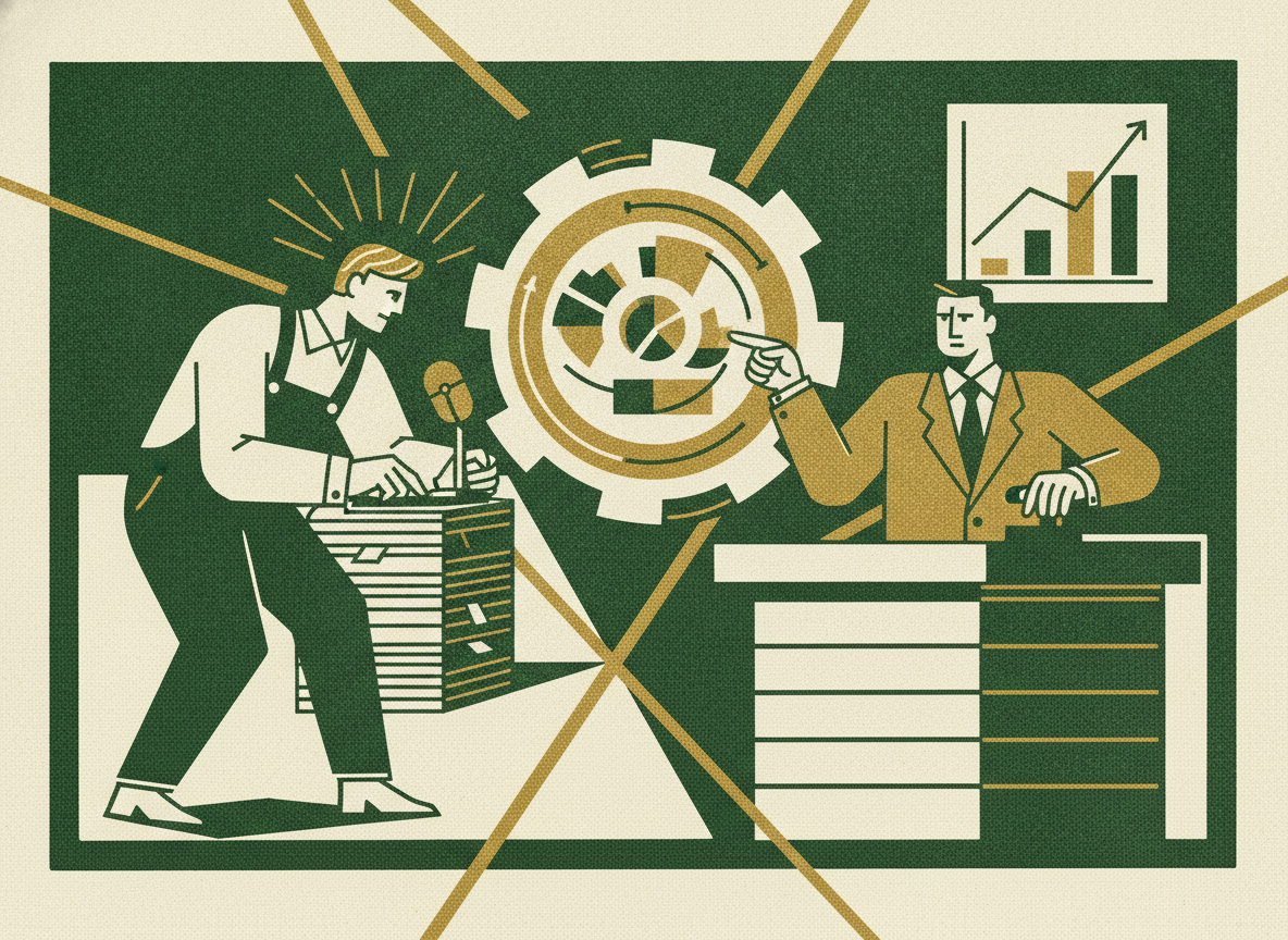 Woodcut illustration representing from reporting to decisions.