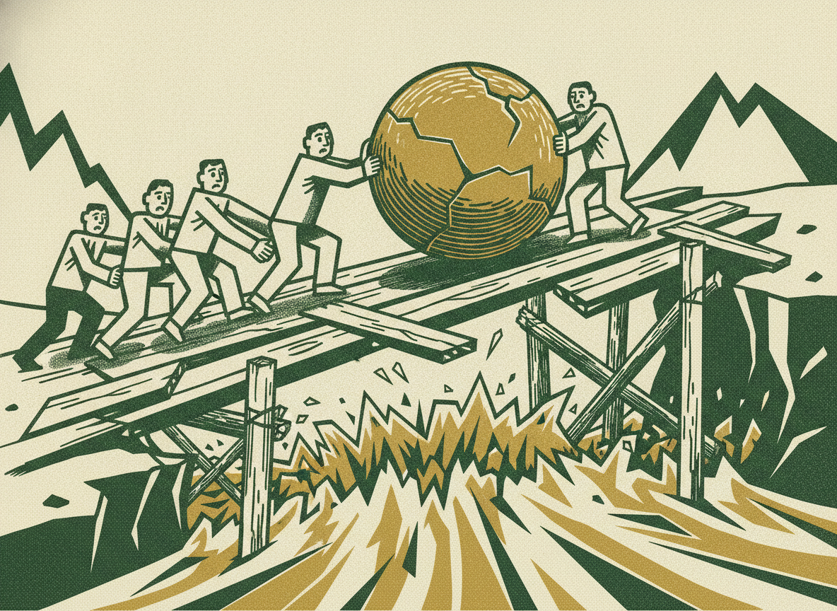 Woodcut illustration representing when a bridge is just delaying the inevitable.