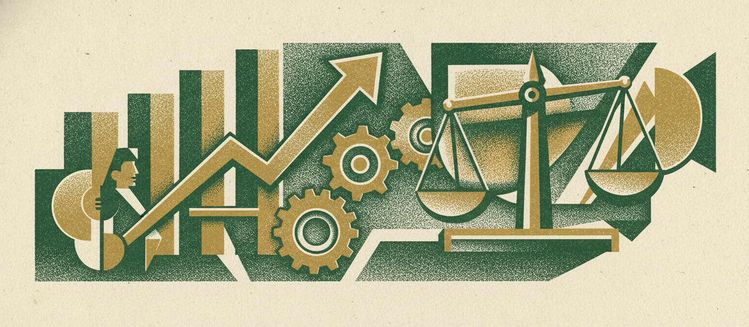 Wide woodcut finance frieze section divider.