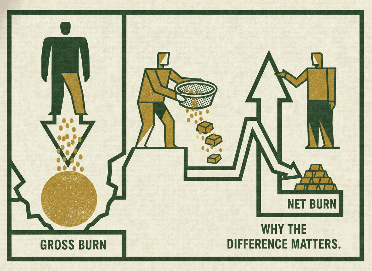 Woodcut illustration representing gross burn, net burn, and why the difference matters.
