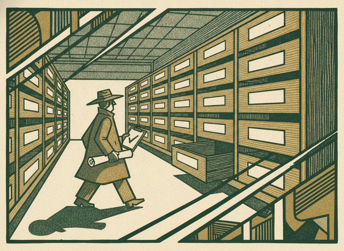 A finished, organized archive room with labeled drawers standing open and ready, a single inspector walking in with a checklist.